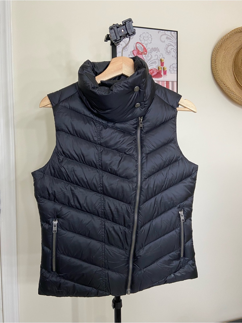 Black Quilted Puffer Vest with High Collar